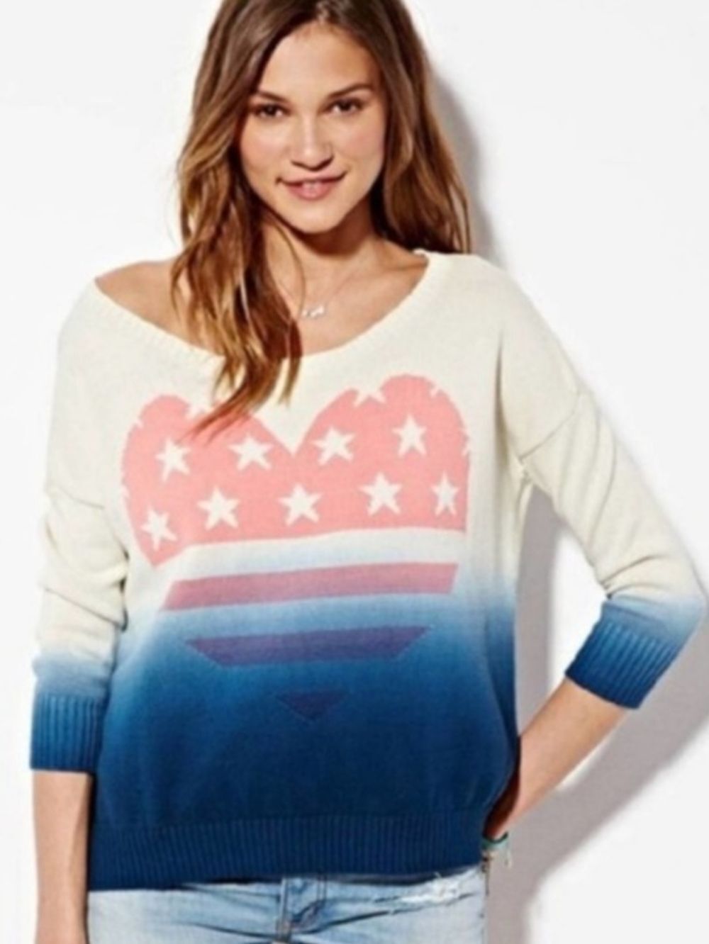 American Eagle Womens Cream Pink Heart Blue Ombre Americana Sweater Size Small